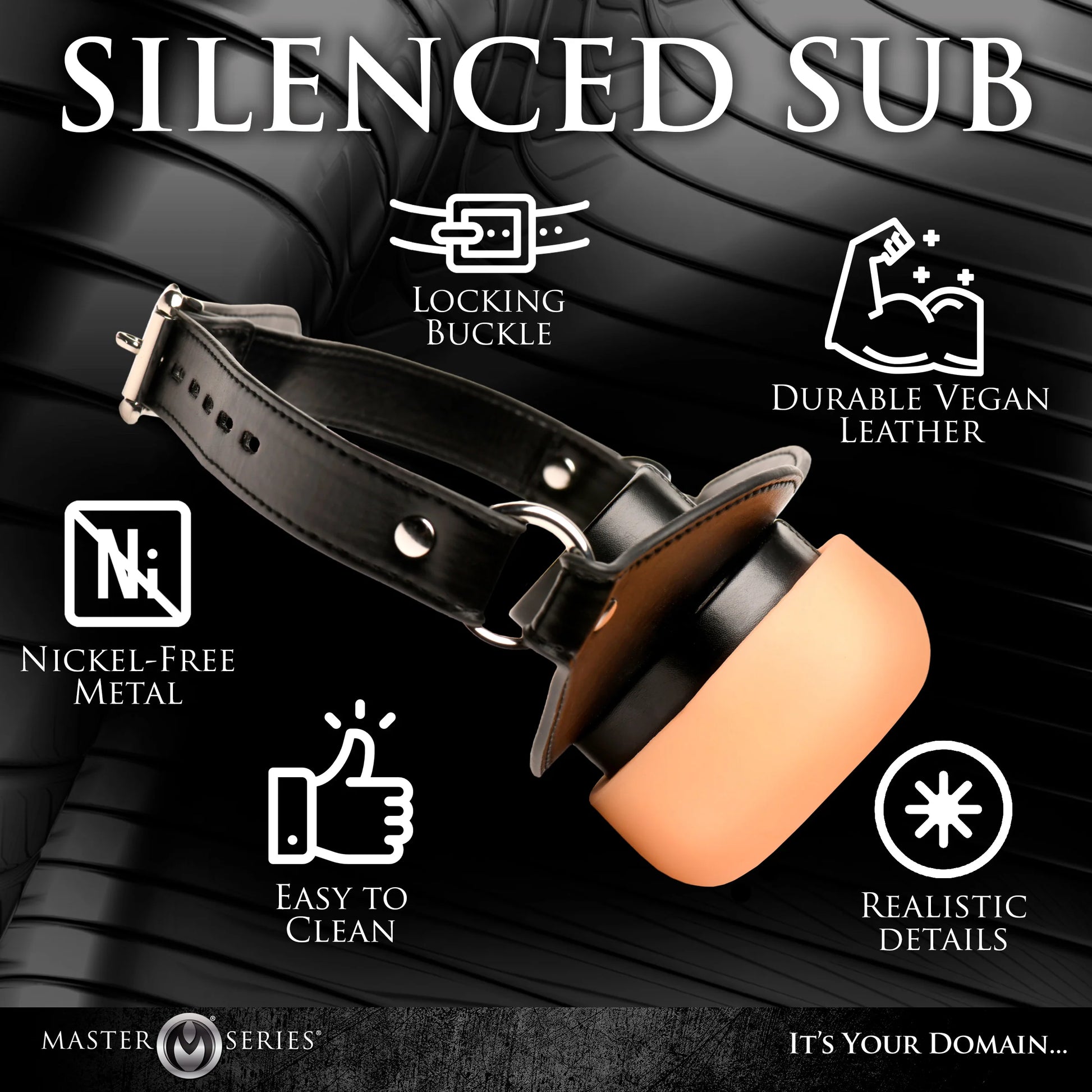 The Master Series Ass Face shown with the features of the gag surrounding it. Text around the gag reads: "Locking buckle, Durable vegan leather, Nickel-free metal, Easy to clean, Realistic details" | Kinkly Shop