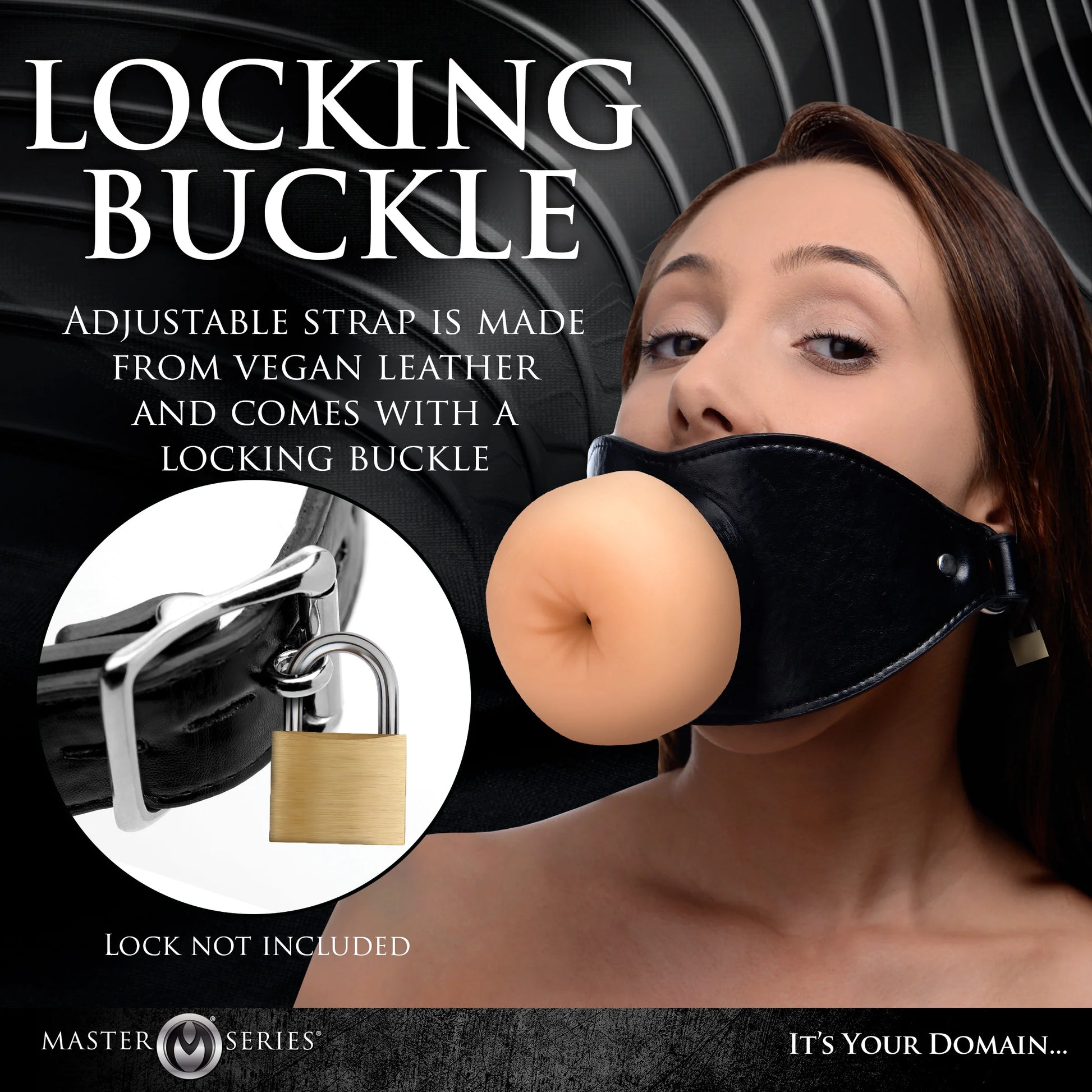 A person wears the Master Series Ass Face, staring into the camera. A close-up image shows the gag's strap locked onto her head. Text on the image reads "Locking Buckle. Adjustable strap is made from vegan leather and comes with a locking buckle. Lock not included." | Kinkly Shop