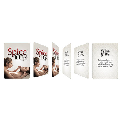 Example of some of the cards included in Spice it Up. Some of the text on the cards: "What if we bring our favorite waterproof toys into the shower for some steamy fun?" | Kinkly Shop
