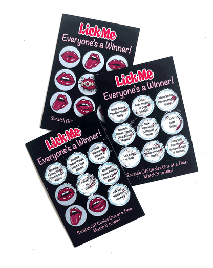 Kinky Lotto Tickets shown with some of the prompts scratched off, showcasing some of the ideas underneath the scratch-off designs. | Kinkly Shop