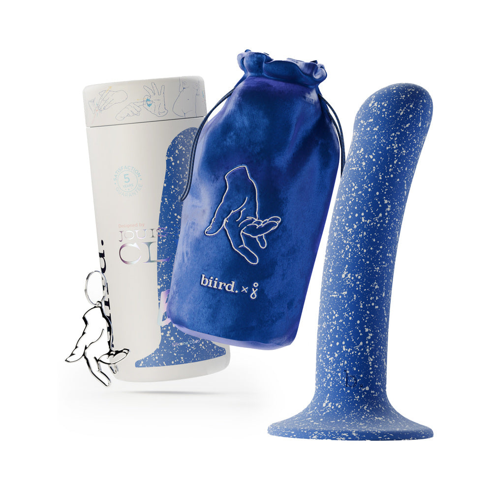 The Biird Bae next to everything it comes with including the packaging, the branded drawstring storage bag, and a metal fingering keychain. | Kinkly Shop