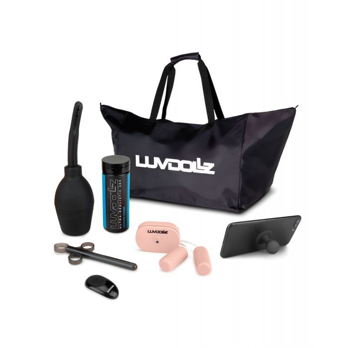 The accessory kit for the LuvDollz doll. It includes an enema bulb, lube shooter, renewal powder sample, wireless remote, two bullet vibrators controlled by that wireless remote, a cell phone stand, and a zippered canvas bag with the "LuvDollz" logo on it. | Kinkly Shop