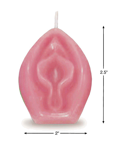 A picture of the Eden's Vagina Candle. Measurements of the candle are superimposed overtop of the candle. All measurements are included within the text of the product description. | Kinkly Shop