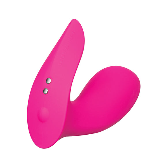 Close-up of the base of the Lovense Flexer. The base has two magnetic charging port prongs as well as a single button to manually control the vibrator. | Kinkly Shop