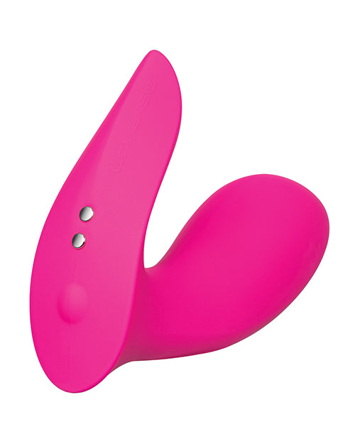 Close-up of the base of the Lovense Flexer. The base has two magnetic charging port prongs as well as a single button to manually control the vibrator. | Kinkly Shop