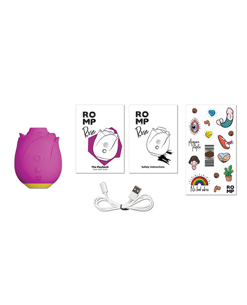 Everything that's included with the ROMP Rose vibrator. This includes a sticker sheet, safety instructions, an instruction manual, and the charging cable. | Kinkly Shop