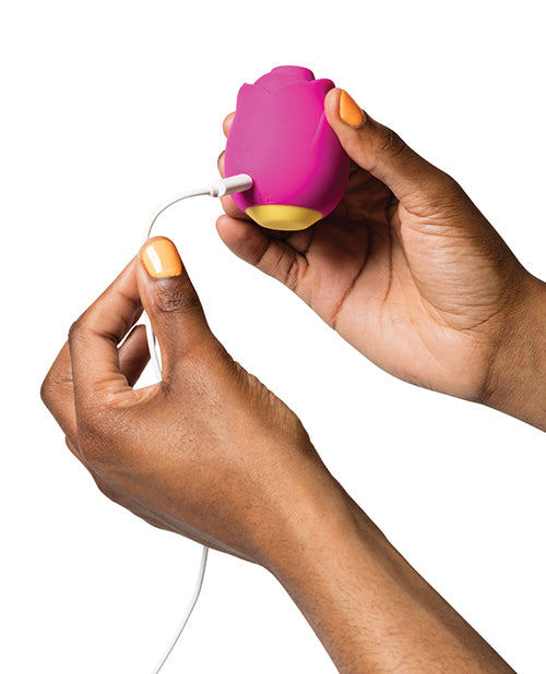Two hands hold the ROMP Rose and the vibrator's charging cable. The magnetic charging cable is attached to the base of the vibrator at the charging port. | Kinkly Shop
