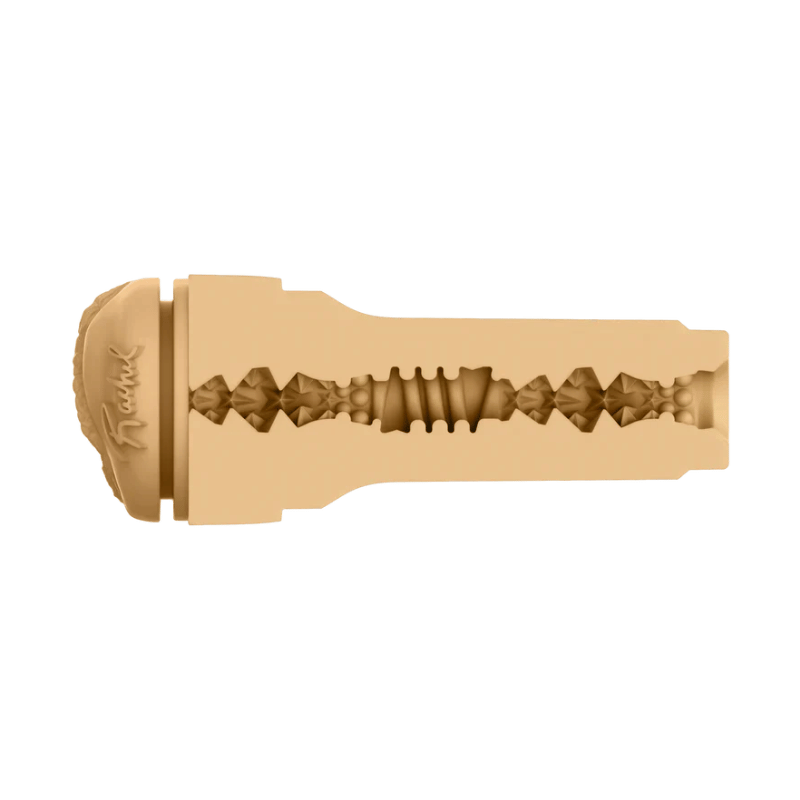 Cross-section of the texture within the KIIROO FeelStars FeelRachel Stroker. The entrance includes a lot of triangular, star-shaped protrusions while the middle of the stroke includes rounded nodules and ribbing. | Kinkly Shop