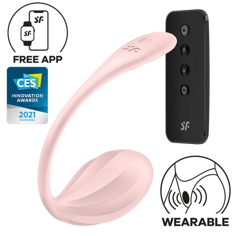 The Satisfyer Ribbed Petal in Pink shown in front of a plain white background. There's also the physical remote shown next to the vibrator. Icons next to the toy and remote say "Free app. CES Innovation Awards 2021 Honoree. Wearable in panties" | Kinkly Shop