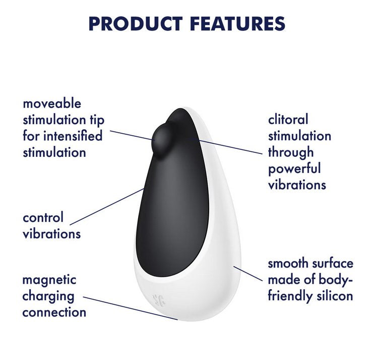 The Satisfyer Spot On 3 with a text list of features around it. Text reads: "movable stimulation tip for intensified stimulation, control vibrations with buttons, magnetic charging connection, clitoral stimulation through powerful vibrations, smooth surface made of body-friendly silicone" | Kinkly Shop