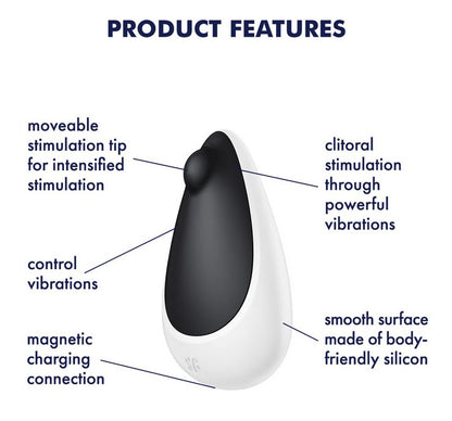 The Satisfyer Spot On 3 with a text list of features around it. Text reads: "movable stimulation tip for intensified stimulation, control vibrations with buttons, magnetic charging connection, clitoral stimulation through powerful vibrations, smooth surface made of body-friendly silicone" | Kinkly Shop