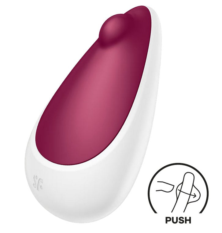The Satisfyer Spot On 3 in front of a plain white background. An icon in the corner shows a finger pushing on the bulb at the tip and says "Push" | Kinkly SHop