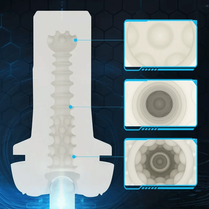 GIF shows a glass probe sliding into the internal chamber of the Kai 2, showing how the stroker squeezes the shaft tightly at each spot where the glass probe slides in | Kinkly Shop
