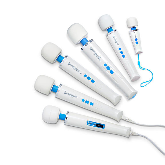 All of the Vibratex Magic Wand options shown next to one another. This is for easy comparison of size and control buttons. | Kinkly