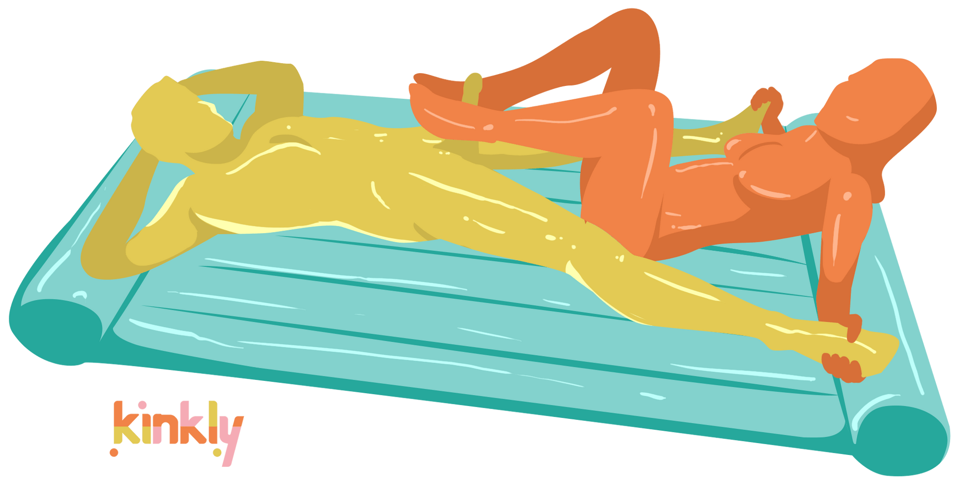 A couple is slathered in Nuru Massage Oil and laying on top of the Nuru Inflatable Massage Sheet. Both people are laying on their backs. One partner has their feet wrapped around the erection of the other and is using the slippery surface of the Nuru massage to stroke up and down. | Kinkly Shop