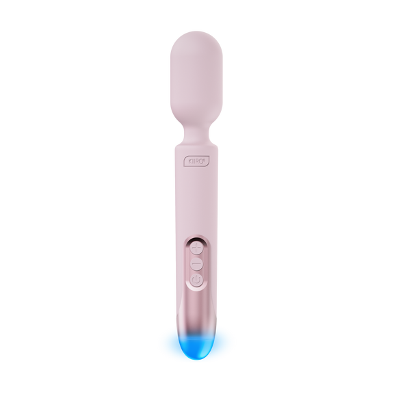 The KIIROO ProWand in front of a plain white background. The blue light at its base is glowing. | Kinkly Shop
