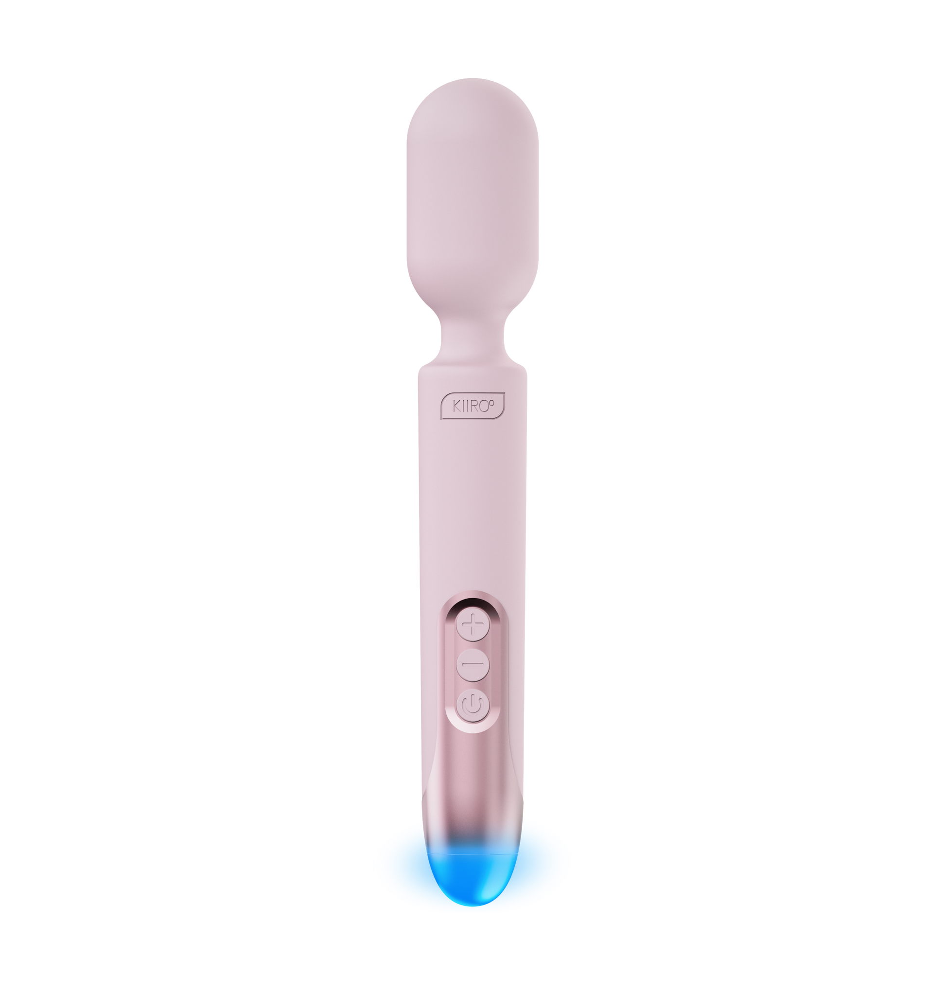The KIIROO ProWand in front of a plain white background. The blue light at its base is glowing. | Kinkly Shop