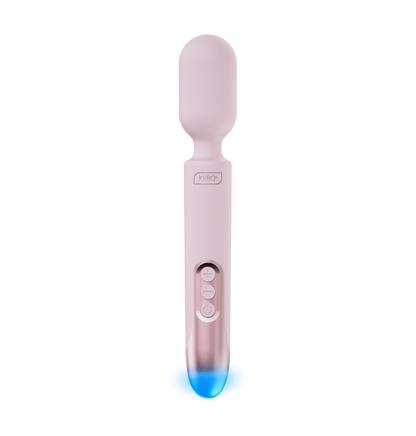 The KIIROO ProWand in front of a plain white background. The blue light at its base is glowing. | Kinkly Shop