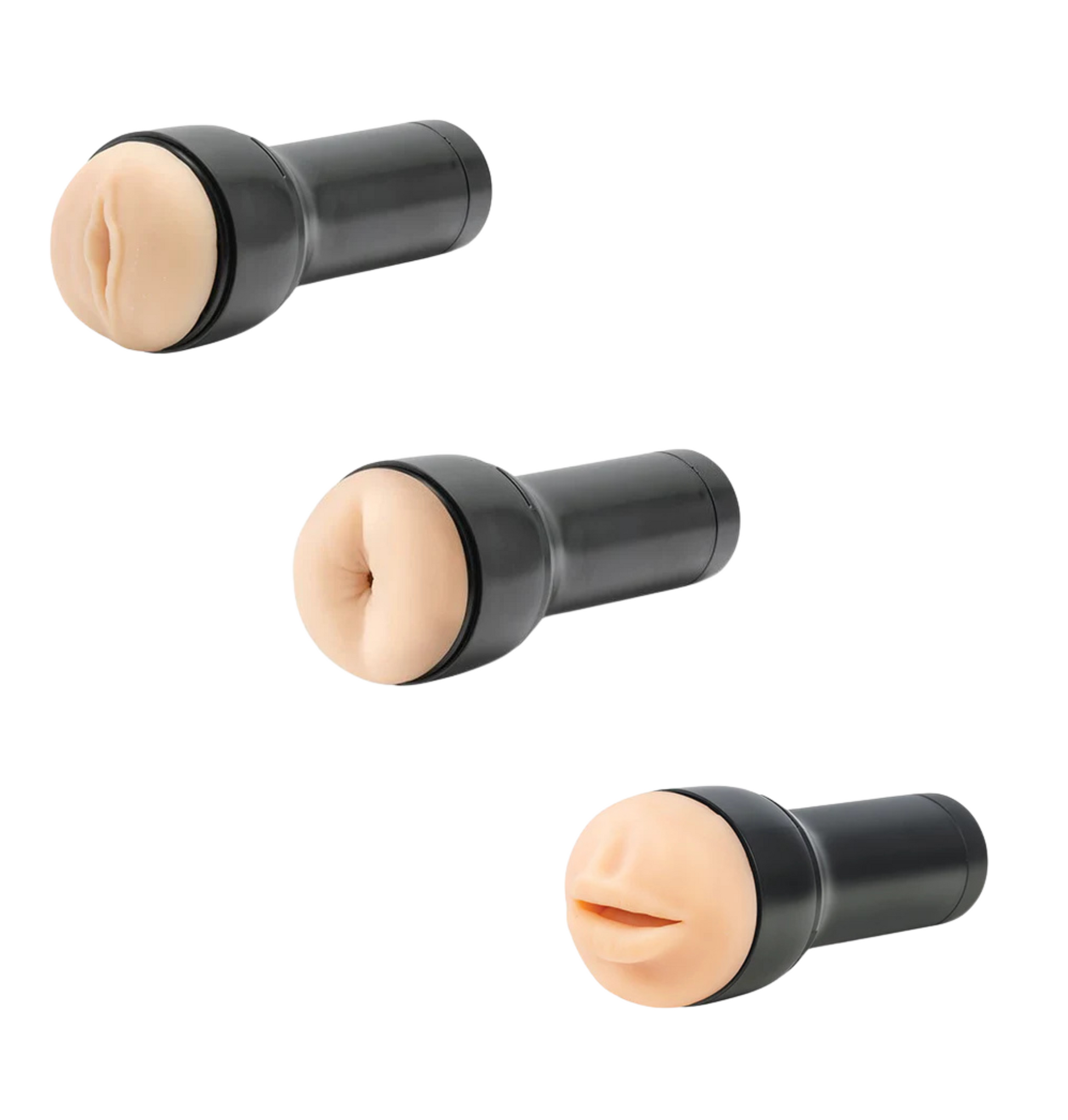 All three strokers in the KIIROO Feel Stroker Bundle (Vulva+ Mouth + Ass) in front of a plain white background | Kinkly Shop