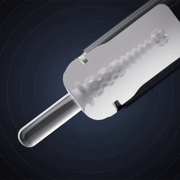GIF showcases a clear probe sliding in and out of the Svakom Sam Neo. The stroker is vibrating and pulsing with each stroke. | Kinkly Shop