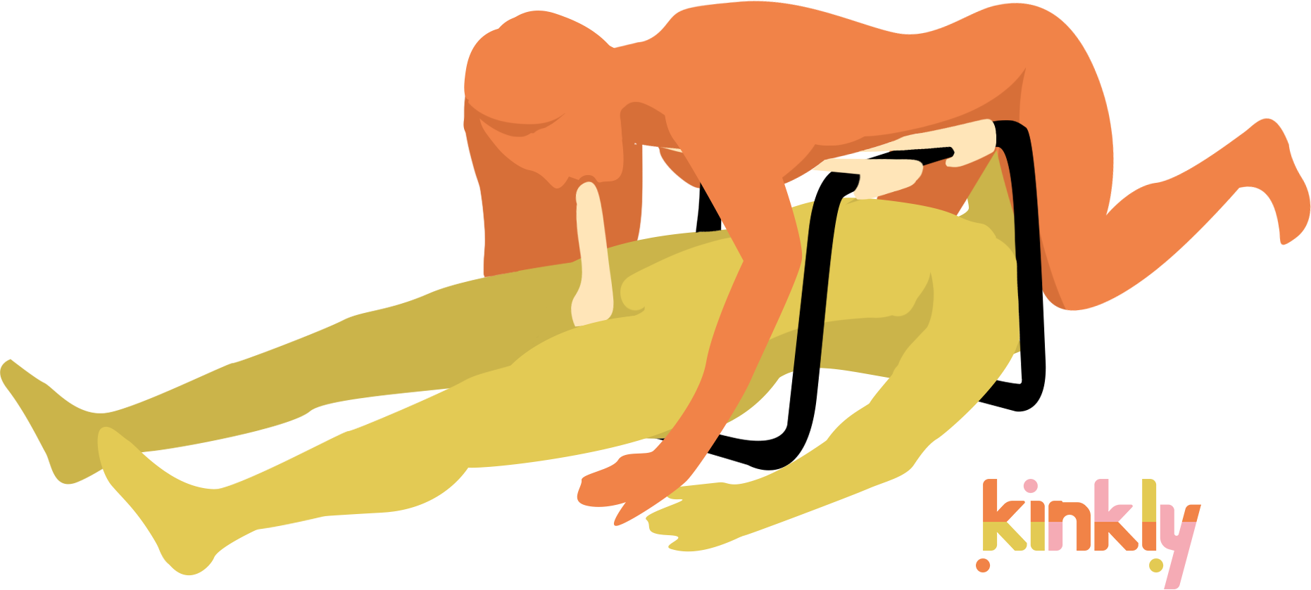 Illustration of a couple using the XR Bangin' Bench. They are doing a modified 69 position. The bottom partner is laying underneath the Bangin' Bench. The top partner is straddling the bottom partner's face, laying their torso on top of the Bangin' Bench to support their body weight while simultaneously giving oral sex. | Kinkly Shop
