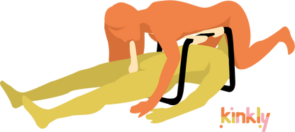 Illustration of a couple using the XR Bangin' Bench. They are doing a modified 69 position. The bottom partner is laying underneath the Bangin' Bench. The top partner is straddling the bottom partner's face, laying their torso on top of the Bangin' Bench to support their body weight while simultaneously giving oral sex. | Kinkly Shop