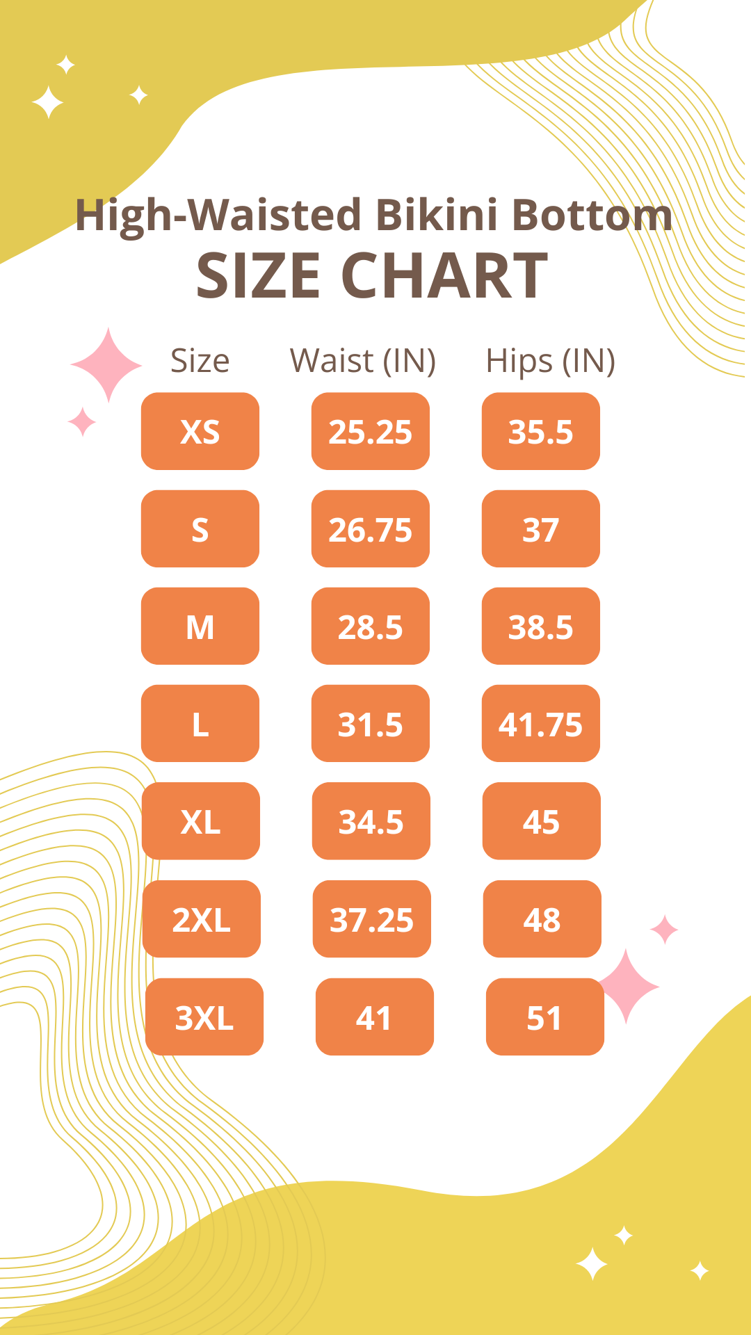 Sex.com Recycled High-Waisted Bikini Swim Bottom size chart. All of the measurements are written the product description text. | Kinkly Shop