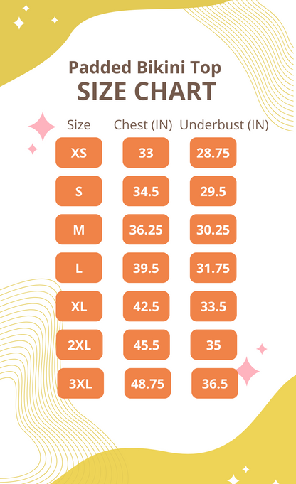 Size chart for the Sex.com - Recycled padded bikini top. All measurements are in the product description text itself. | Kinkly Shop