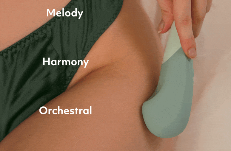 GIF shows visual representations of the 3 vibration patterns included on the Womanizer Vibe. It includes the Melody, the Harmony, and the Orchestral. | Kinkly Shop