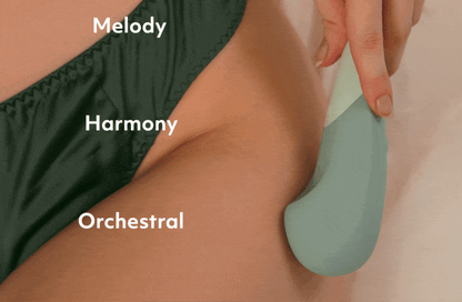 GIF shows visual representations of the 3 vibration patterns included on the Womanizer Vibe. It includes the Melody, the Harmony, and the Orchestral. | Kinkly Shop