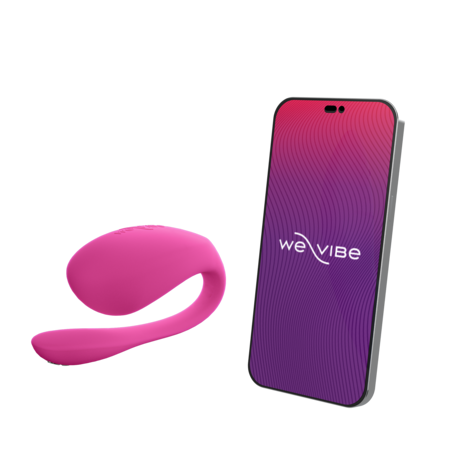The We-Vibe Jive 2 vibrator is shown next to a cell phone with the We-Vibe app pulled up on it. | Kinkly Shop