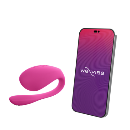 The We-Vibe Jive 2 vibrator is shown next to a cell phone with the We-Vibe app pulled up on it. | Kinkly Shop