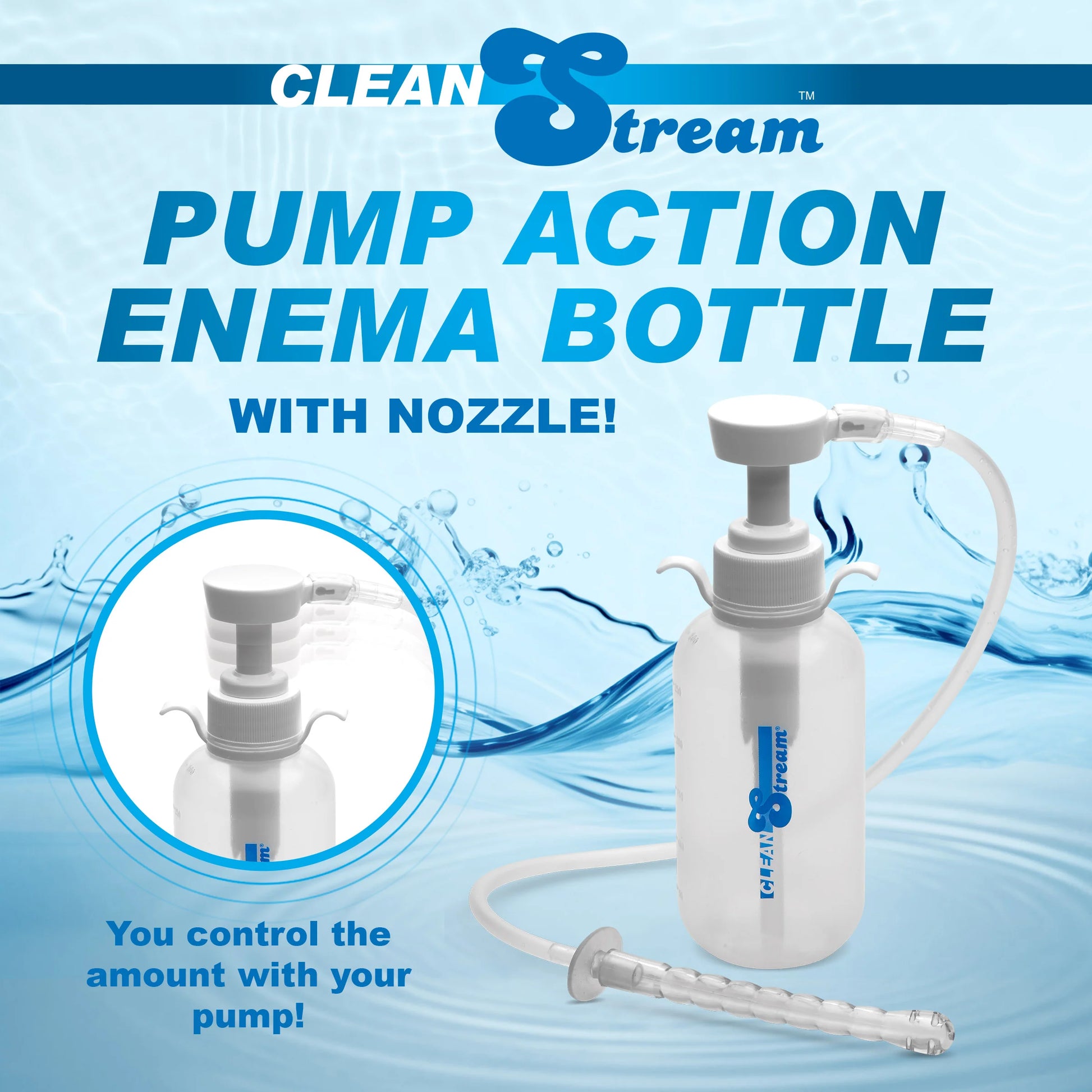 Image shows the lid of the CleanStream Pump Action Enema Bottle being depressed. Text on the image reads: "Pump action enema bottle with nozzle. You control the amount with your pump!" | Kinkly Shop