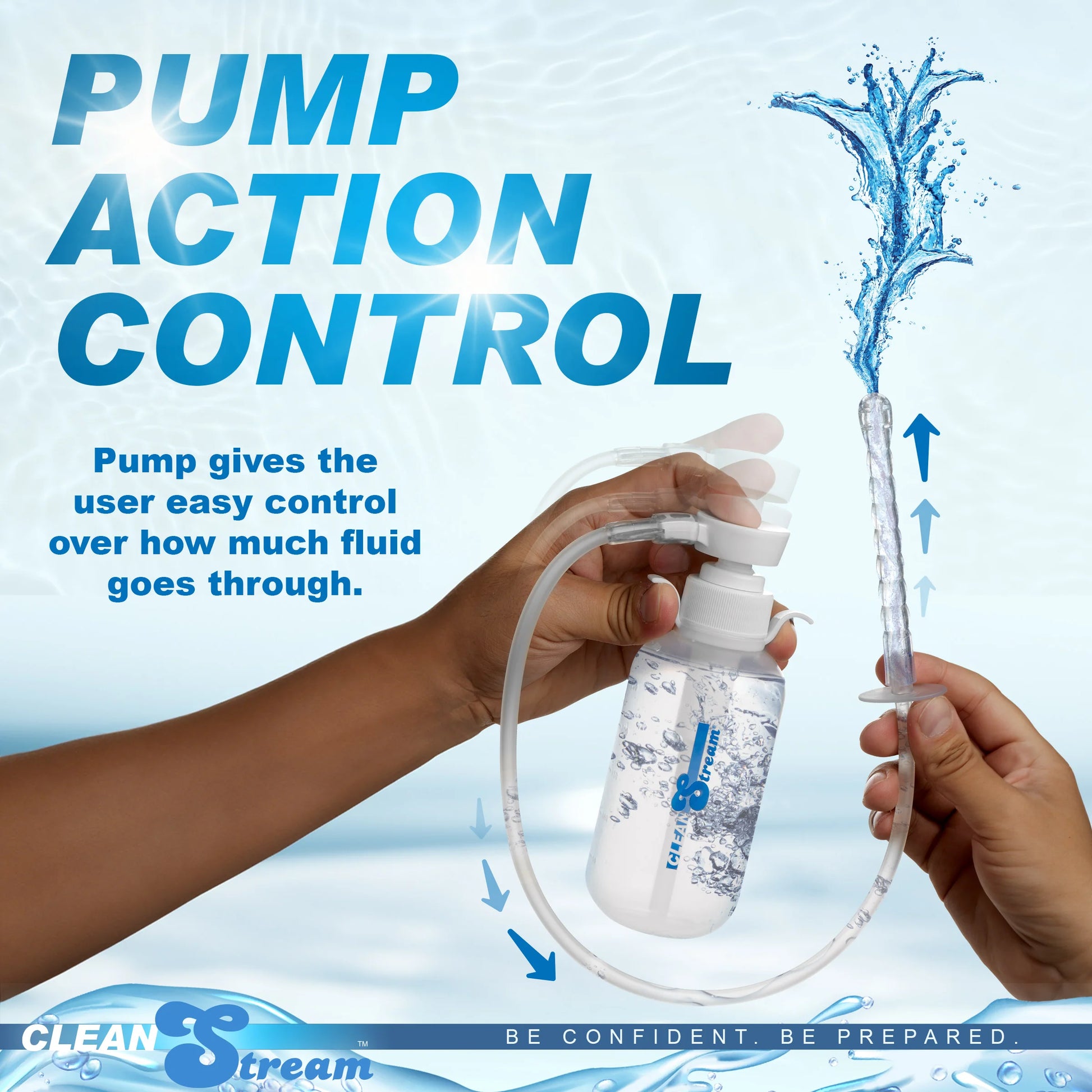 CleanStream Pump Action Enema Bottle shown next to the insertable tip squirting out water. Text reads: "Pump action control. Pump gives the user easy control over how much fluid goes through." | Kinkly Shop