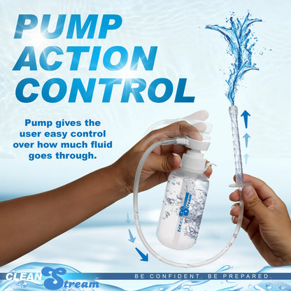 CleanStream Pump Action Enema Bottle shown next to the insertable tip squirting out water. Text reads: "Pump action control. Pump gives the user easy control over how much fluid goes through." | Kinkly Shop