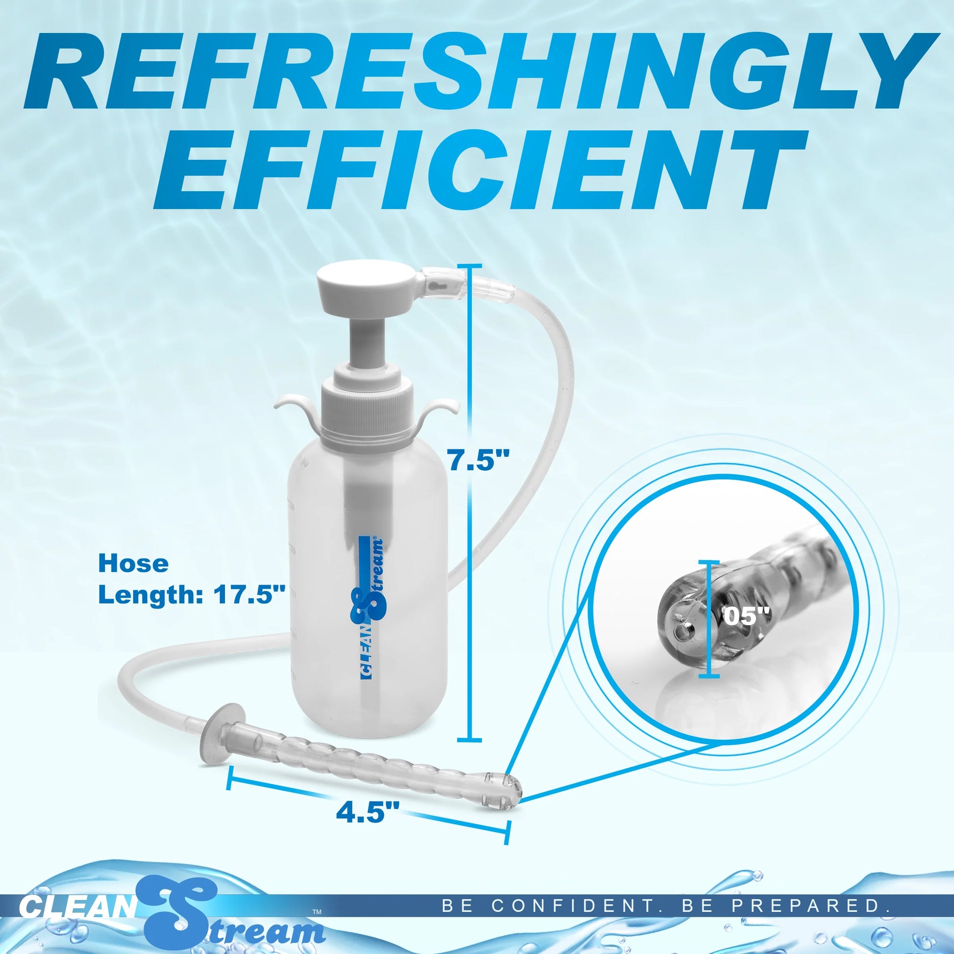 CleanStream Pump Action Enema Bottle with measurements superimposed over the photo. All measurements can be found in the product text. | Kinkly Shop