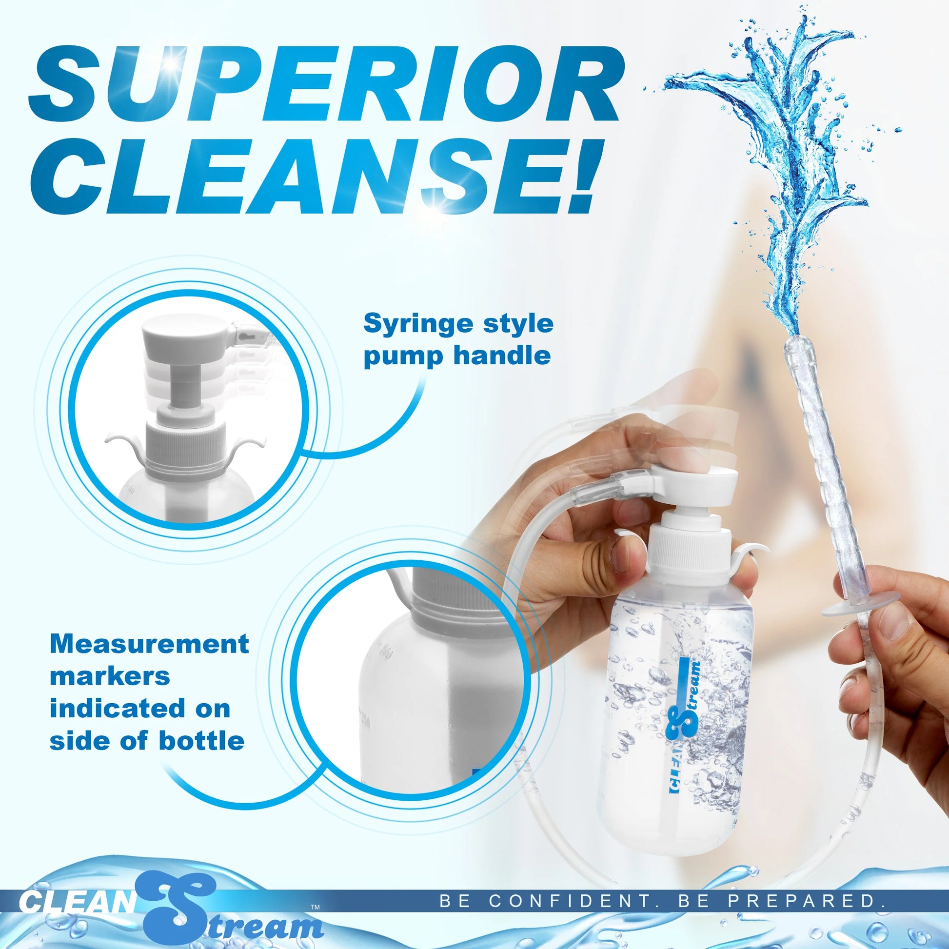 The CleanStream Pump Action Enema Bottle shown squirting liquid out the top of the tip. Text reads: "Superior cleanse. Syringe style pump handle. Measurement markers indicated on the side of the bottle." | Kinkly Shop