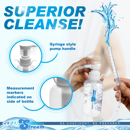 The CleanStream Pump Action Enema Bottle shown squirting liquid out the top of the tip. Text reads: "Superior cleanse. Syringe style pump handle. Measurement markers indicated on the side of the bottle." | Kinkly Shop