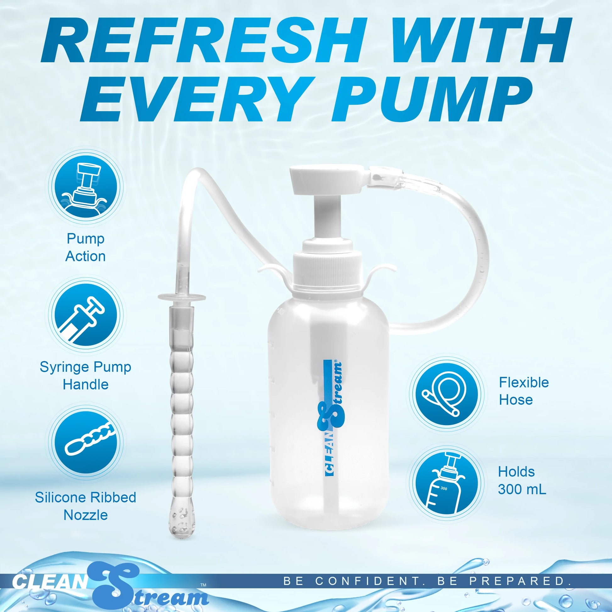 The CleanStream Pump Action Enema Bottle pictured with text and features surrounding it. Text reads: "Pump action, Syringe pump handle, Silicone ribbed nozzle, flexible hose, Holds 300ml" | Kinkly Shop