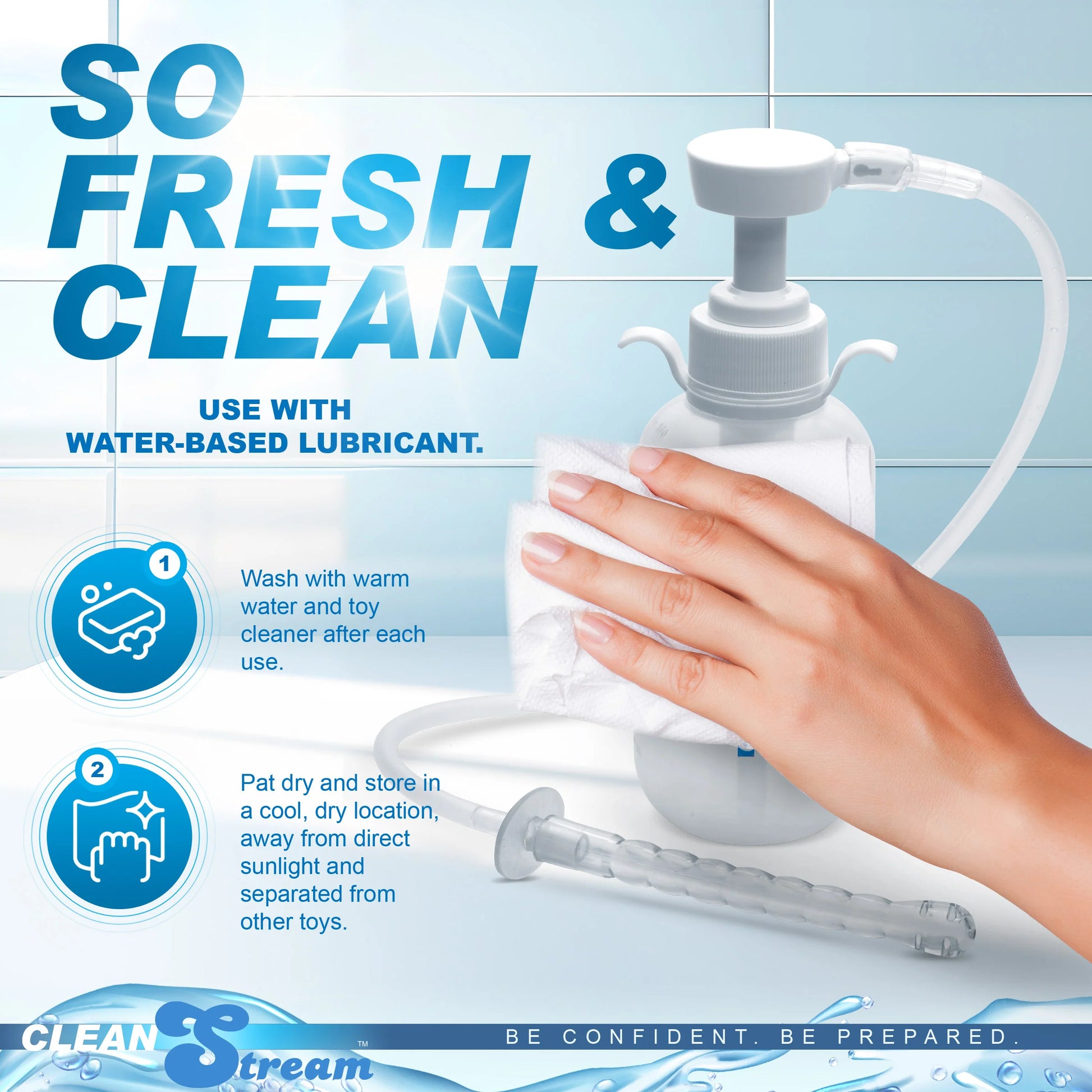 A person is cleaning the CleanStream Pump Action Enema Bottle bottle with a cloth. Text on the image reads: "So fresh and clean. Use with a water-based lubricant. Wash with warm water and toy cleaner after each use. Pat dry and store in a cool, dry location away from direct sunlight and separated from other toys." | Kinkly Shop