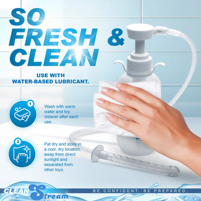A person is cleaning the CleanStream Pump Action Enema Bottle bottle with a cloth. Text on the image reads: "So fresh and clean. Use with a water-based lubricant. Wash with warm water and toy cleaner after each use. Pat dry and store in a cool, dry location away from direct sunlight and separated from other toys." | Kinkly Shop