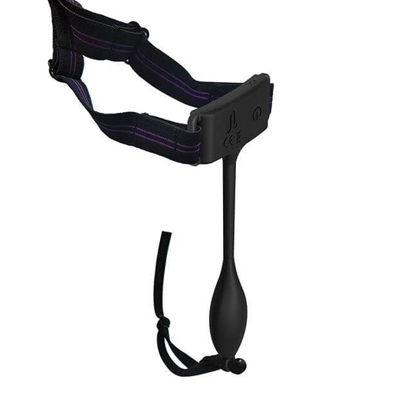 The Adrien Lastic Pan-T Vibrator vibrator itself. It's shown with the hip harness elastic wrapped snugly around the hips, but the between-the-thighs strap is disconnected to showcase how the vibrator can be removed from the harness itself. | Kinkly Shop