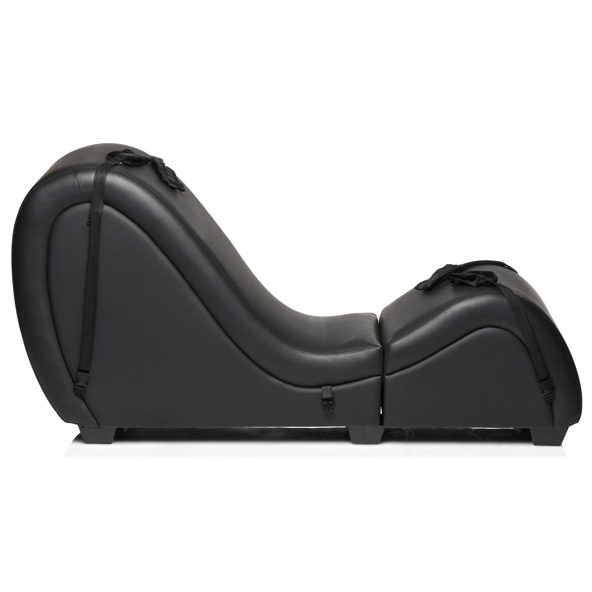 The Kinky Couch Bondage Detachable Sex Chaise in black with four restraints attached. There's a seam near the lowest dip where the sex furniture is detachable. | Kinkly Shop