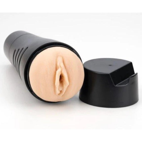 The Cousins Group Hard Case Pussy stroker. The stroker is open and the vulva is pointing towards the camera. The lid is off the stroker. It features a unique ledge on the edge of the lid that allows it to function as a cell phone stand. | Kinkly Shop