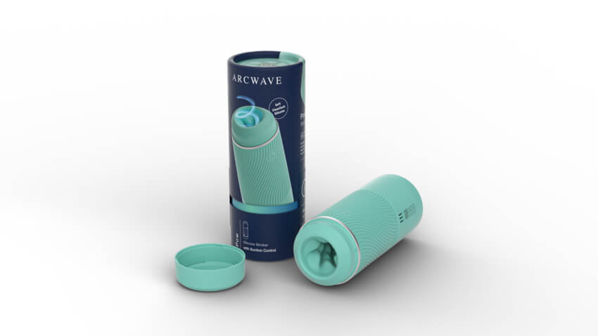 The Arcwave Pow laying out next to its packaging. The packaging is a tube, showcasing pictures of the product around it. | Kinkly Shop