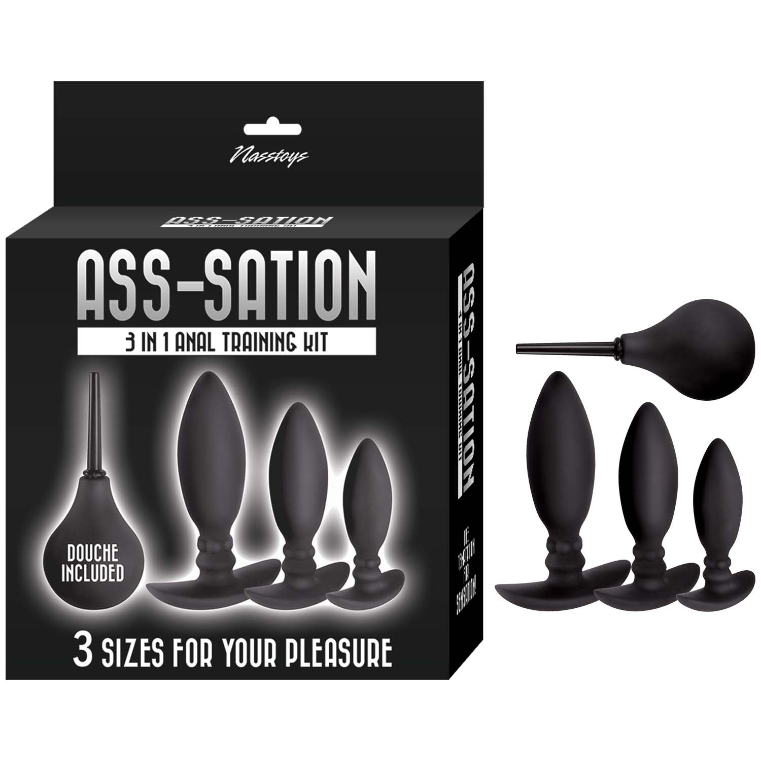 The packaging for the Ass-sation 3-in-1 Training Kit shown next to everything included in it. | Kinkly Shop