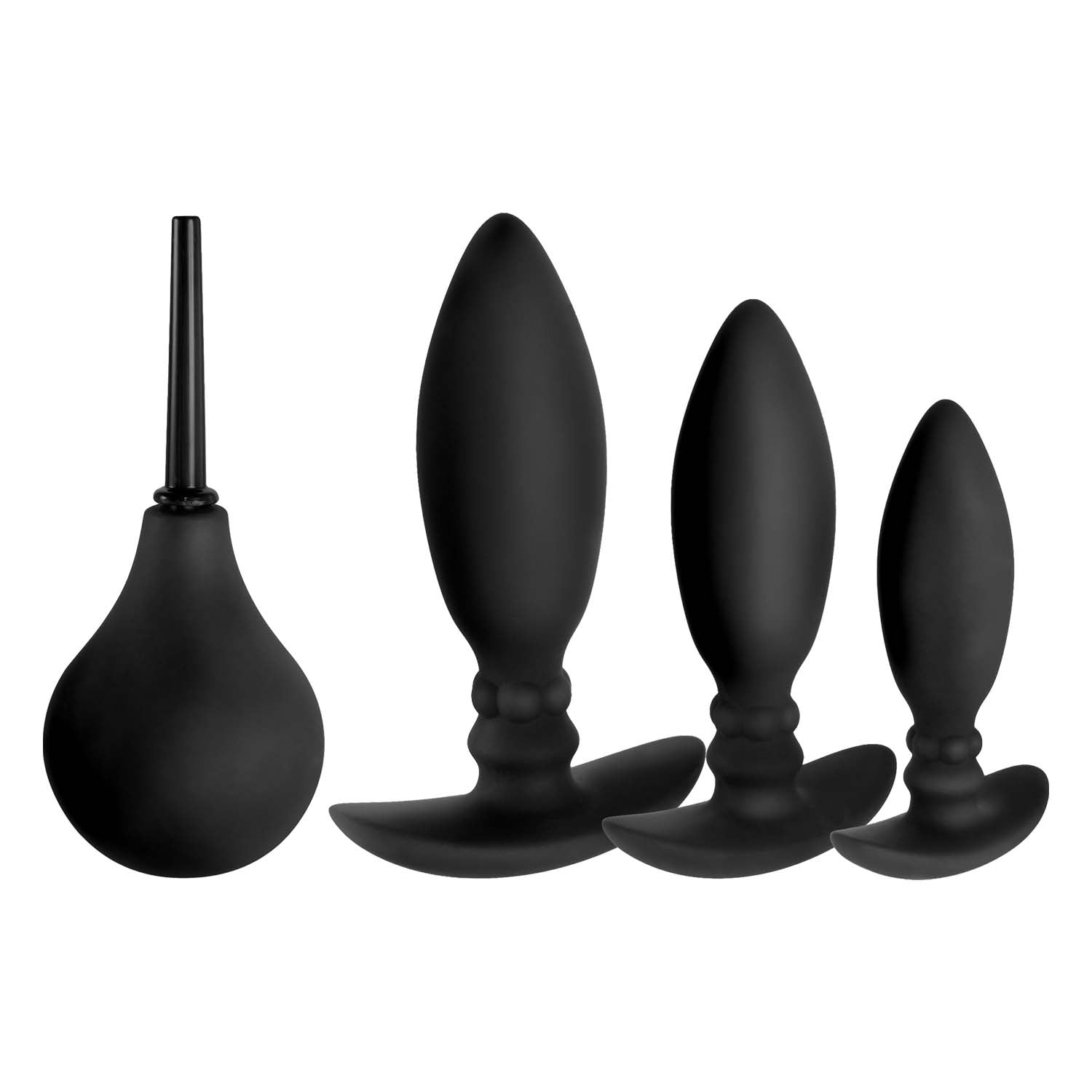 Everything included in the Ass-sation 3-in-1 Training Kit. There are three butt plugs and an enema bulb with plastic tip. | Kinkly Shop
