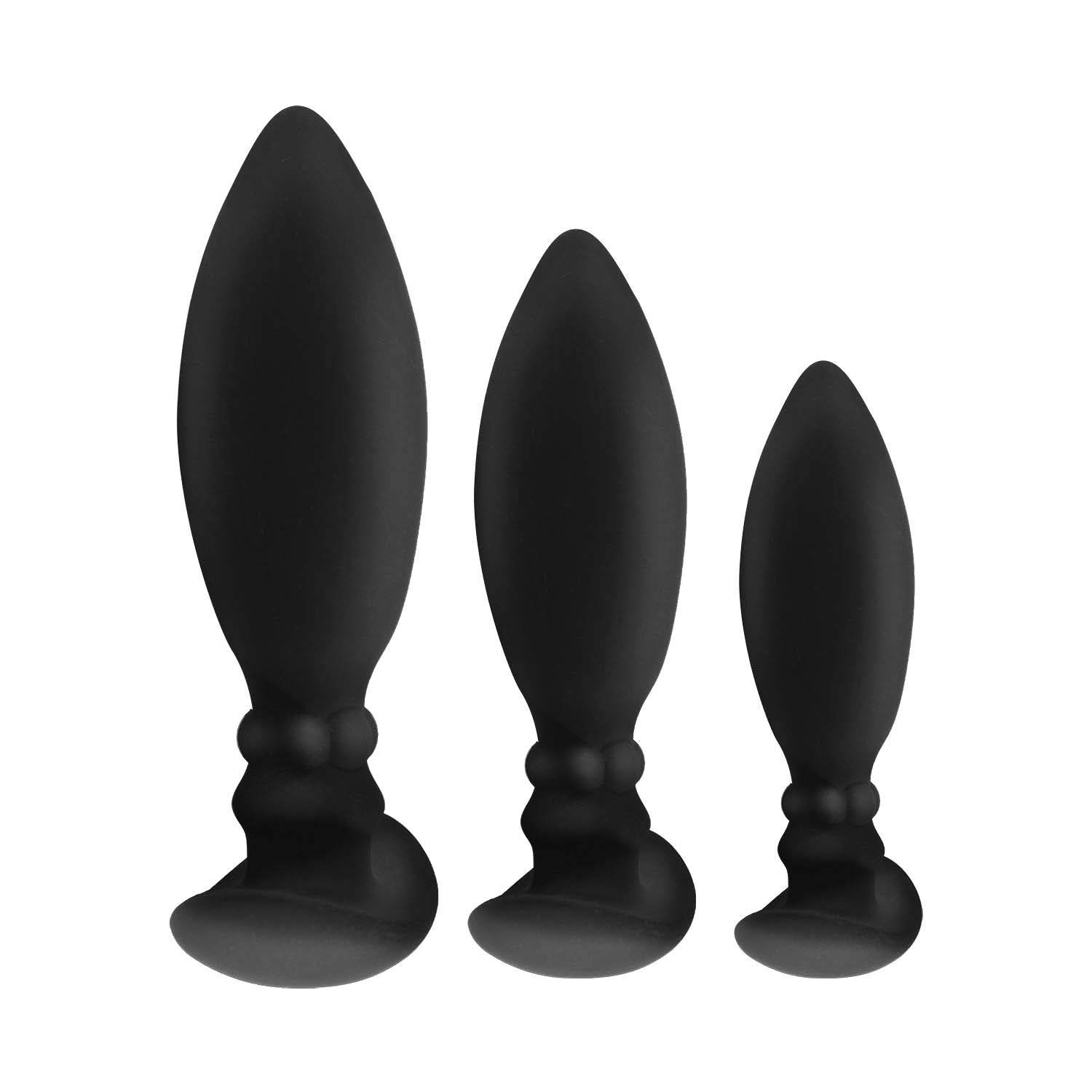 Side view of the 3 included butt plugs in the Ass-sation 3-in-1 Training Kit. Each one has multiple beads near the base of the plug for added sensation. | Kinkly Shop
