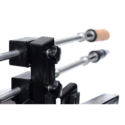 A close-up on the turn dial knobs that allow for adjustability of the two thrusting arms on the Athena's Ultimate Sex Machine | Kinkly Shop