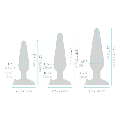 Outlines of each one of the plugs in the b-Vibe Anal Training 3-Piece Kit. All of the measurements are listed next to the outlines of each one of the toys. | Kinkly